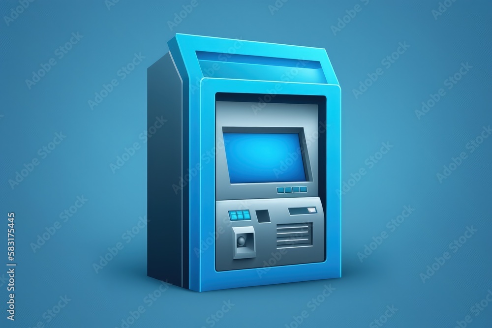 Bank ATM illustration, investment and money saving concept, blue background. Generative AI Bank ATM illustration, investment and money saving concept, blue background. Generative AI