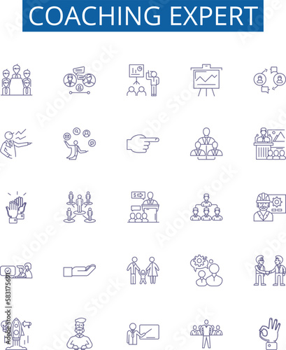 Coaching expert line icons signs set. Design collection of Mentor, Advisor, Guide, Tutor, Consultant, Facilitator, Instructor, Teacher outline concept vector illustrations