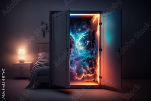 Illustration of dimensional portal inside the wardrobe, amazing colors, nebula. Generative AI