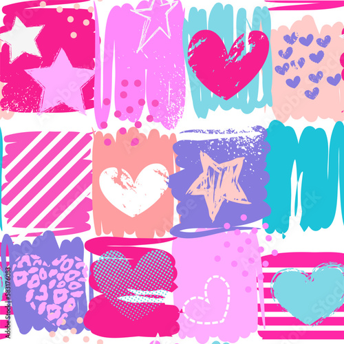 Vector seamless geometric cute pattern with stars,hearts and grunge elements on squares. Girlish funny cartoon colorful wallpaper for textile and fabric.
