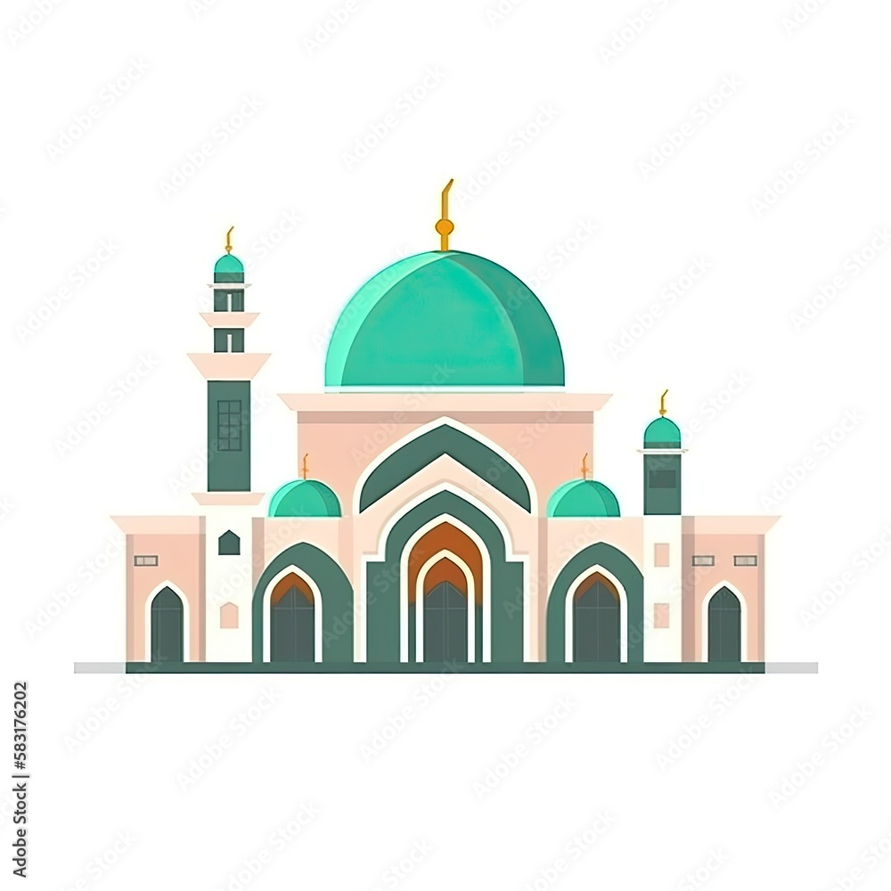 illustration of flat style isolated Muslim mosque on white background. Beautiful illustration of Muslim temple icon. Eid Mubarak greetings. Ramadan Kareem. Generative AI