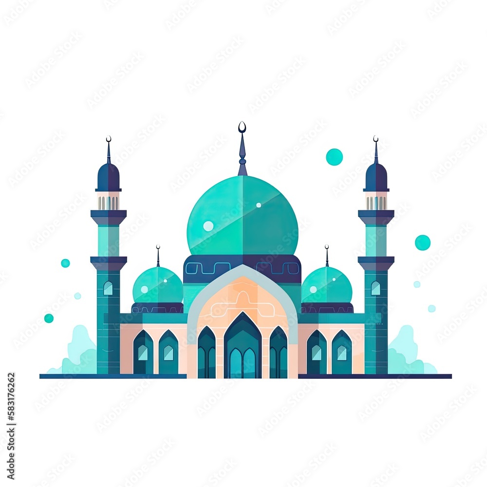 illustration of flat style isolated Muslim mosque on white background. Beautiful illustration of Muslim temple icon. Eid Mubarak greetings. Ramadan Kareem. Generative AI