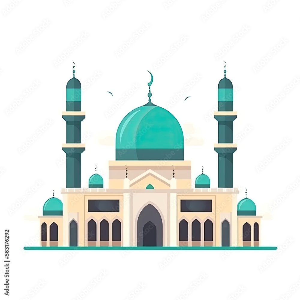 illustration of flat style isolated Muslim mosque on white background. Beautiful illustration of Muslim temple icon. Eid Mubarak greetings. Ramadan Kareem. Generative AI