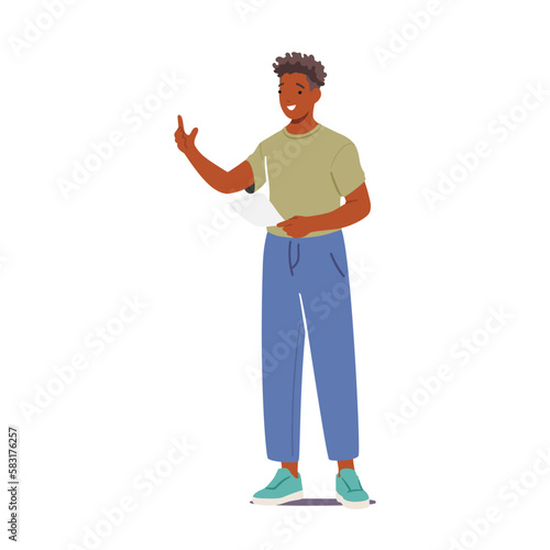 Student Male Character Standing With Sheet of Paper In Hand Reading or Making Report. Person Learn Vector Illustration
