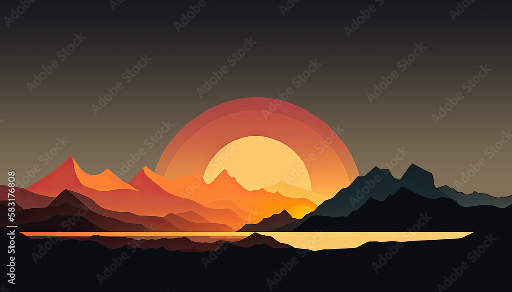 Naklejka premium Sunset - Minimalistic flat design landscape illustration. Image for a wallpaper, background, postcard or poster. Generative AI