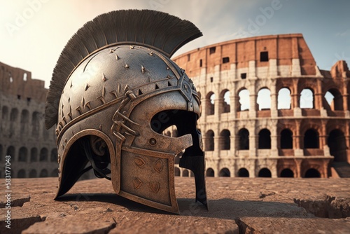 Landscape with gladiator helmet and coliseum in the background. Generative AI