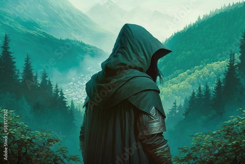 Hooded archer illustration, forest with green fog, fantasy concept. Generative AI photo