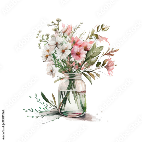 Watercolor bouqet with wild pink and white flowers in vase. Collection magenta flowers, leaves, branches. Design for greetings, card, invitation, flyer, banner.