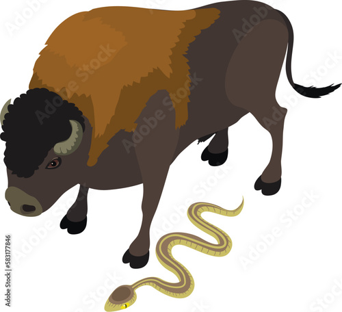 Animal icon isometric vector. Huge brown bison near crawling gray snake icon. Biological diversity concept