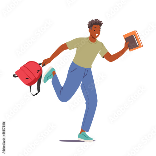 Concept of Urgency and Student Lifestyle. Student Male Character Running with Backpack And Books in Hands Being Late