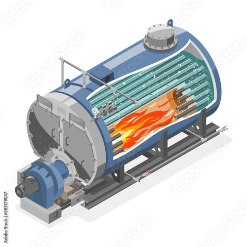 Industrial Boiler Diagram Factory How work Machine isometric machinery concept cartoon vector isolated illustration