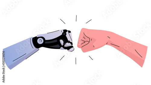 A vector illustration showing how a robot and a human extend their fists to each other in a greeting gesture. The punching gesture symbolizes the camaraderie and mutual respect between the two groups.