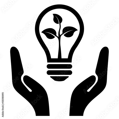 Light bulb in hands, black color eco friendly energy icon with leaf. Sustainable, renewable, eco energy and environmental friendly sources logo concept graphic, isolated on white background.