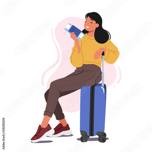 Woman Character With Ticket Sitting On Her Luggage, Ready To Embark On A Journey. Travel, Adventure, And Excitement