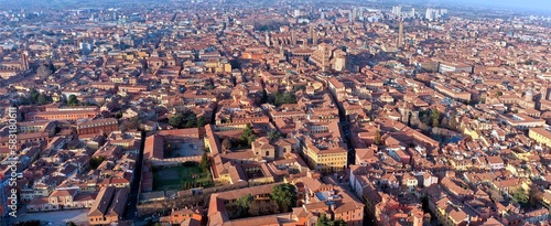 Aerial video of Bologna city center at sunset, Emilia Romagna, Italy