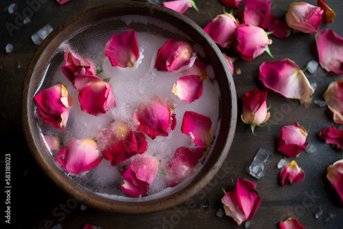 Frozen rose water with rose petals. Generative Ai