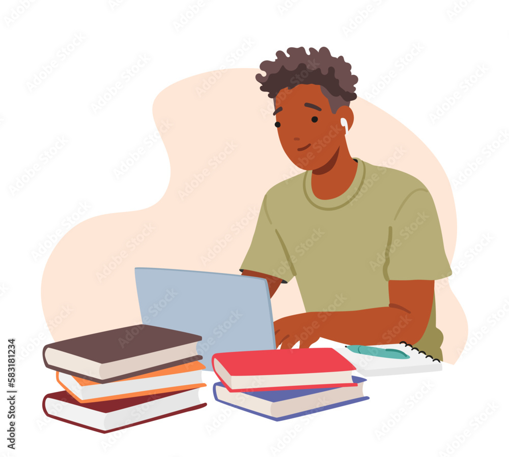 Student Boy Character Seated At Desk With Laptop, Papers, And Textbooks Or Another Academic Educational Materials Student Boy Character Seated At Desk With Laptop, Papers, And Textbooks Or Another Academic Educational Materials
