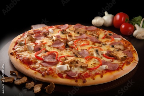 Delicious pizza with cheese. Template for restaurants. Food photography. Generative AI.