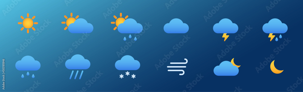 Set of 12 basic weather icons with gradient colors. Can be used for web, apps, stickers. Isolated vector illustration.