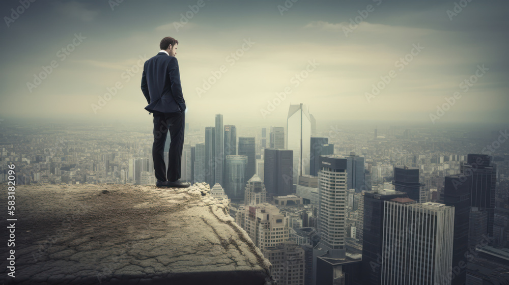 The businessman stands on the edge of the roof and looks at the city, the concept of success in business created with generative AI technology