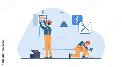 Concept of work with electrical equipment. Workers make electrical grid, sockets and lighting. Vector illustration.