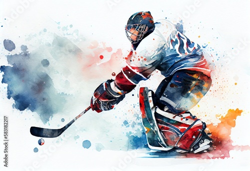 Watercolor Illustration of a Illustration Of A Professional Ice Hockey Player Goalkeeper In Action On White Background. Generative AI