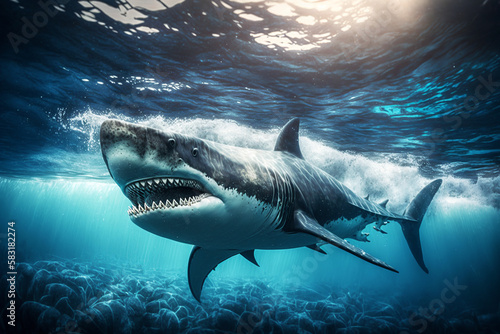 Giant shark with big teeth in the blue ocean. Generative AI.