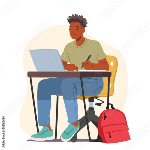Male Student Character Sitting At Desk With Laptop Writing In Notebook At Comfortable Study Space Vector Illustration