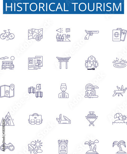 Historical tourism line icons signs set. Design collection of Heritage, cultural, antiquities, monuments, ruins, sites, Landmarks, ancient outline concept vector illustrations