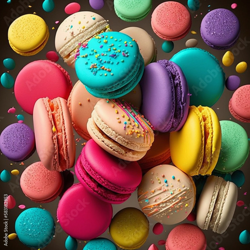 Cakes macaron or macaroon closeup like background, colorful vibrant almond cookies, bright colors.