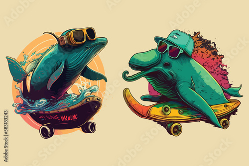 Dolphin cartoon wearing sunglasses riding a skateboard