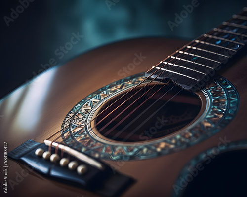 acoustic guitar close up with wood grain embossments  
