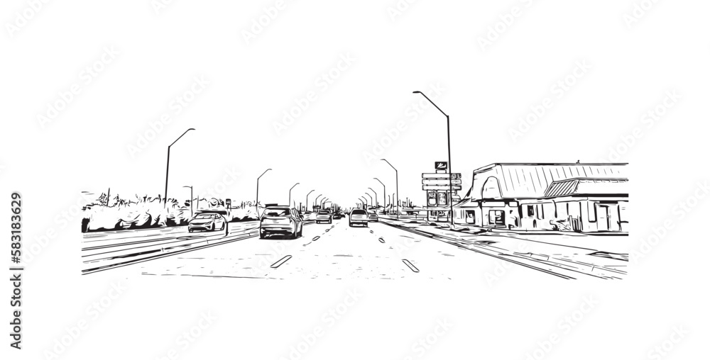 Building view with landmark of Peoria is the 
city in Arizona. Hand drawn sketch illustration in vector.
