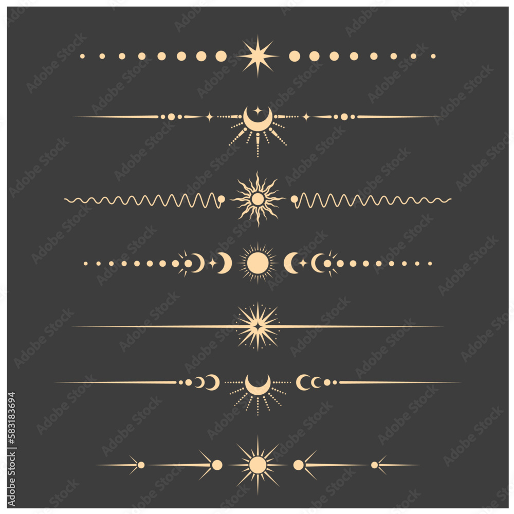 Naklejka premium Mystical and tarot style book vignettes, dividers and separators, set of esoteric lunar delimiters, vector
