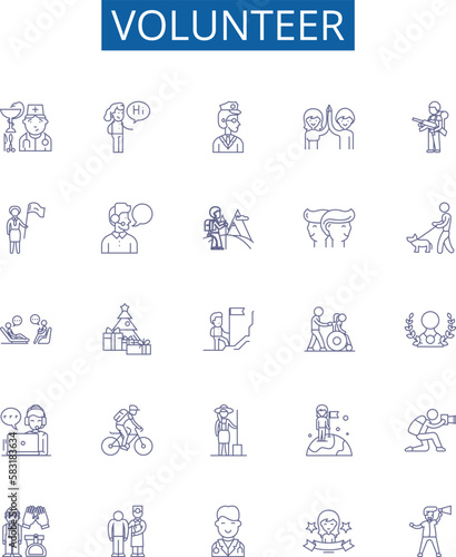 Volunteer line icons signs set. Design collection of Donate, Help, Serve, Contribute, Participate, Aid, Commit, Repair outline concept vector illustrations