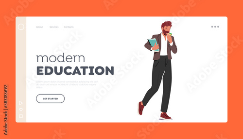 Modern Education Landing Page Template. Male Teacher Character Holding Books While Eating On The Go. Busy School Tutor