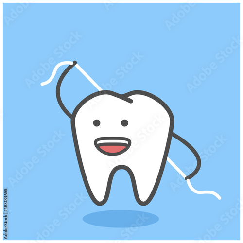 Funny tooth character with dental floss, oral hygiene and teeth cleaning, molar with dental thread, vector