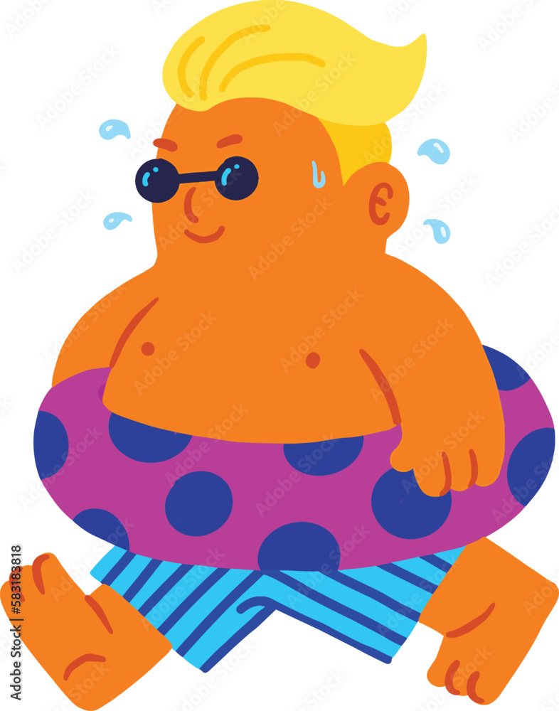Naklejka premium Cartoon cute summer boy holding swimming ring in summer time character illustration vector
