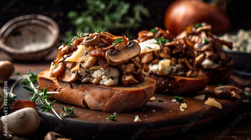 Toasted Bread with Mushroom, Cheese and Walnuts