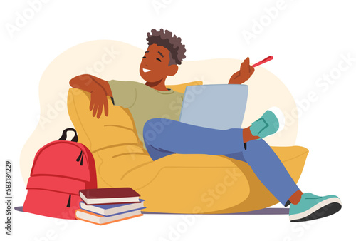 Relaxed Student Male Character Sitting With Laptop And Books On Beanbag During Educational Or E-learning Process