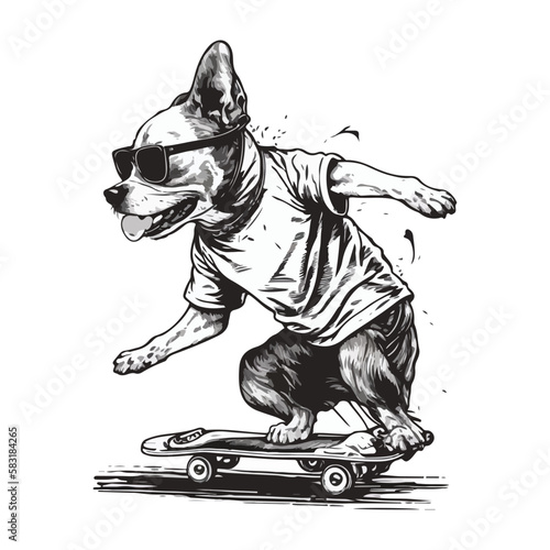 Dog cartoon wearing sunglasses riding a skateboard
