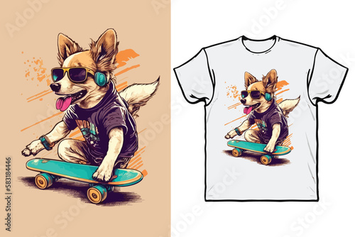 T - shirt design for a dog with a skateboard and headphones