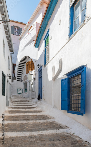 Fototapeta Naklejka Na Ścianę i Meble -  Narrow street with steps in the old town of Hydra, Greece.