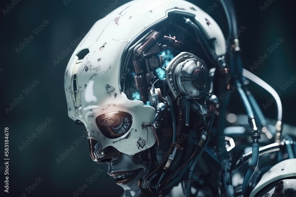 Portrait, cyber punk robot, head with cables and electronic components, humanoid. Ai Generative. Portrait, cyber punk robot, head with cables and electronic components, humanoid. Ai Generative.
