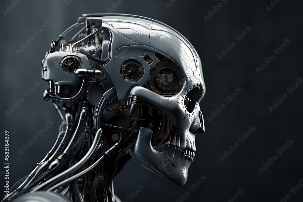 Fototapeta premium Portrait, cyber punk robot, head with cables and electronic components, humanoid. Ai Generative.