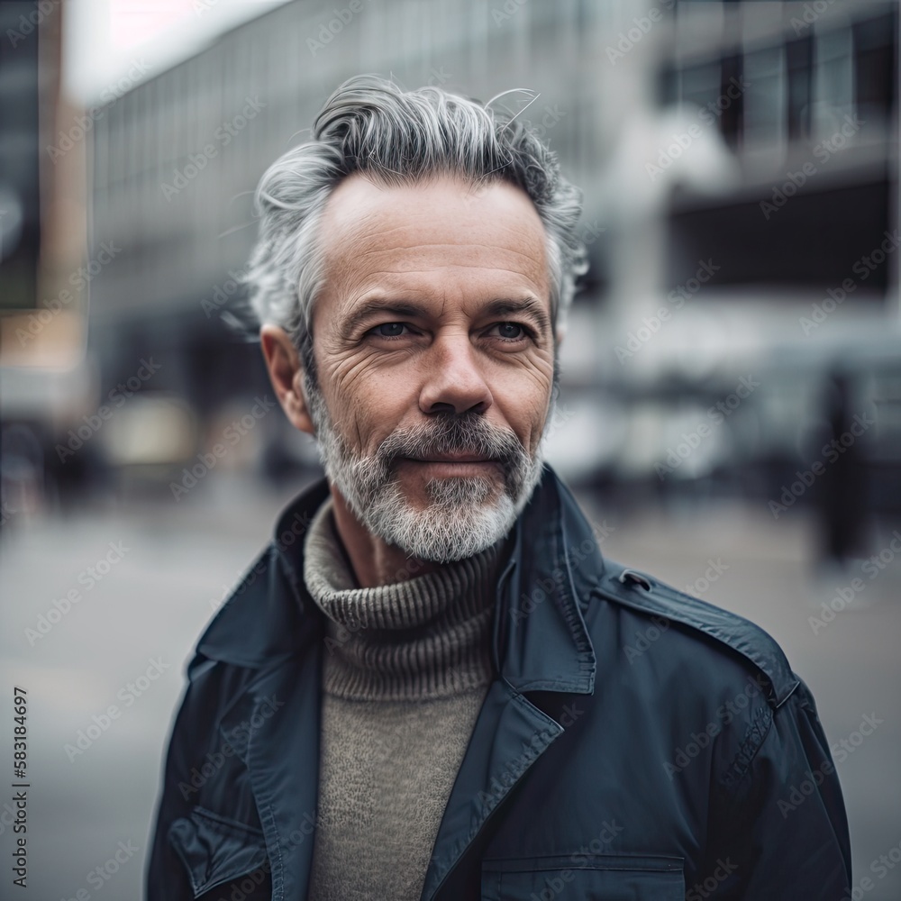 Mature man portrait, city street on background, Ai Generative. Mature man portrait, city street on background, Ai Generative.