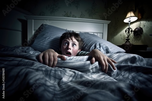 A boy in bed wakes up scared having nightmares, night terror concept. Ai Generative.