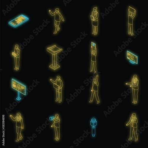 Agitation icons set. Isometric set of agitation vector icons neon color on black