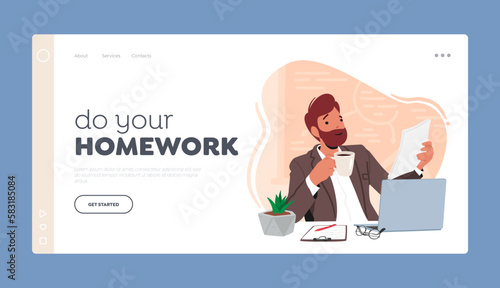 Teacher Check Homework Landing Page Template. Smiling Man With Laptop, Coffee Cup, And Paper Engrossed In Reading