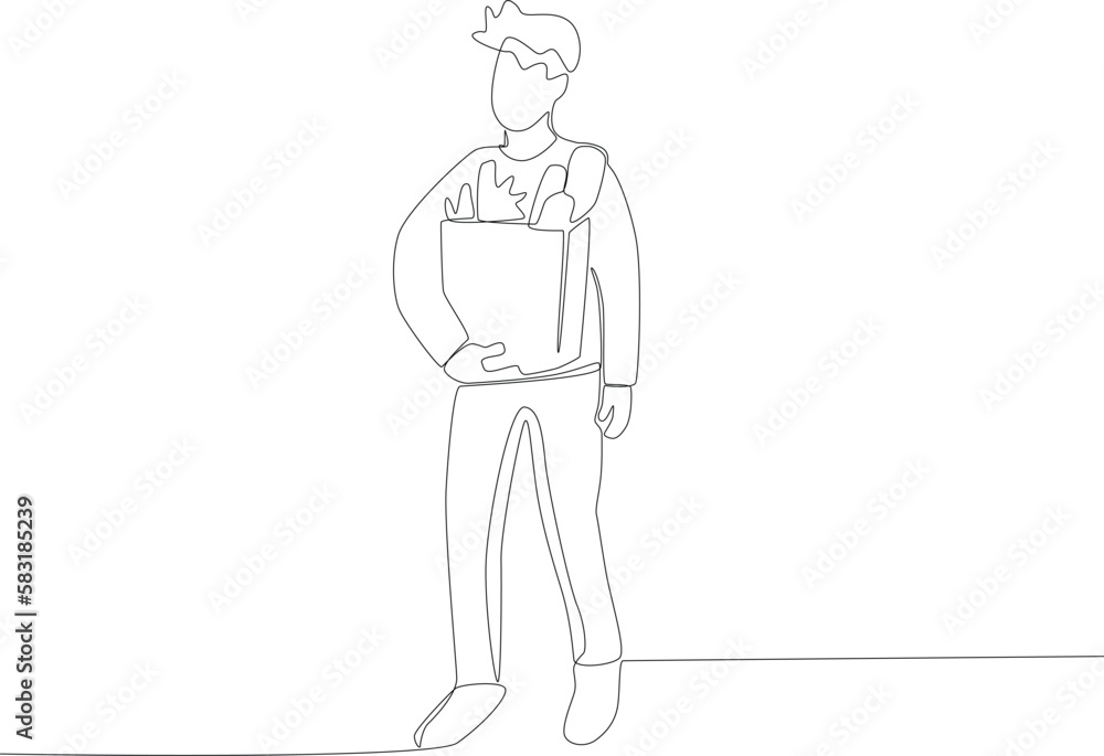 A customer buys healthy food. Grocery shopping one-line drawing A customer buys healthy food. Grocery shopping one-line drawing